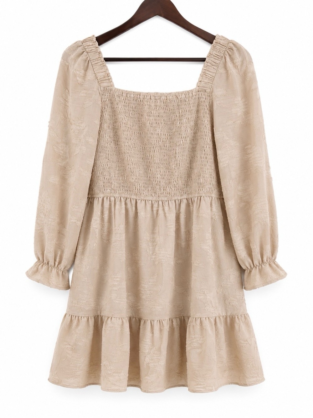 Simplee Beige Smocked Tiered Mini Dress | Size Large